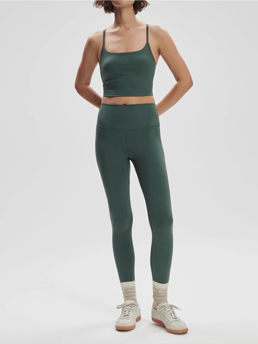 Varley Freesoft Workout Matching Set High Rise Leggings Longline Top Cilantro